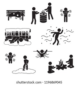 People in winter, freezing, in cold icon set. Vector. 