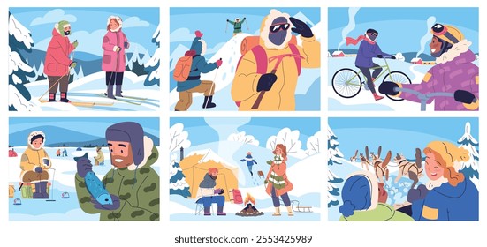 People winter hiking. Snowy nature tour, climber tourist cold snow hike expedition climbing to mountain peak, camp skiing ice fishing bicycle travel classy vector illustration original artwork