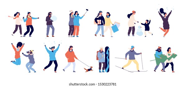 People in winter. Men and women skiing, skating and child making snowman, guy walking dog. Winter activities vector characters set