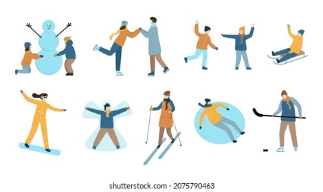 People Winter Outdoor Activities Set. Collection Of Diverse People In Different Winter Clothes. Children Build Snowman, Couple Skating, Sledding Child, Skiing, Hockey, Fun. Vector Illustration