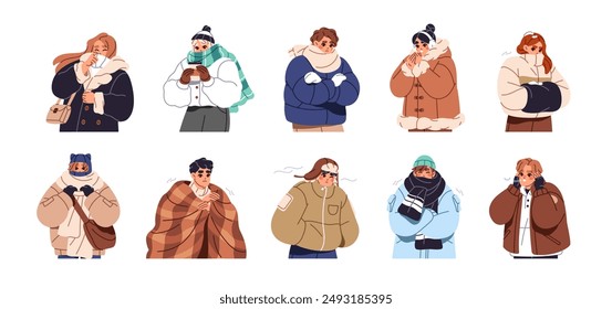 People in winter outerwear freeze set. Different men and women in coats, hats, gloves shiver from cold weather. Characters in warm clothes shake. Flat isolated vector illustrations on white background