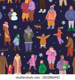 People in winter outerwear in outdoors. Different walking men, women, children, couple. Vector seamless pattern. Winter time ornament cartoon style. For holiday design, background, wallpaper, textile.