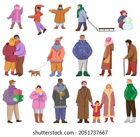People in winter outerwear in outdoors. Set of different men, women, children, couple. Collection of flat vector illustration. Colored cartoon cliparts isolated on white. Elements for design, decor.