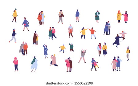 People in winter outwear walking flat vector illustrations set. Tiny people, romantic couples having fun, enjoying festive mood cartoon characters set. Kids and adults celebrating Christmas outdoors.