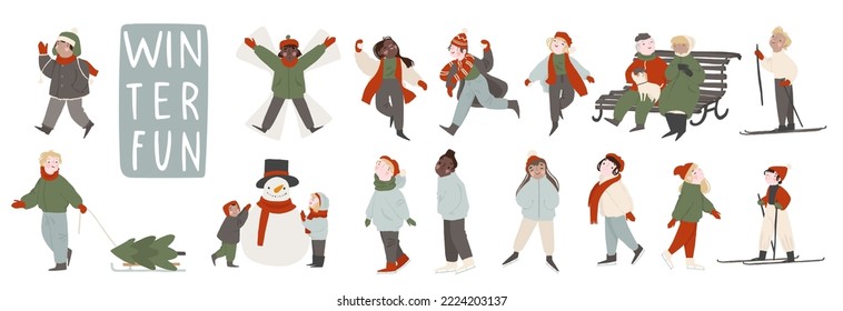 People in winter outwear walking flat vector illustrations set. Tiny people, romantic couples have fun, enjoying winter mood cartoon characters set. Kids and adults celebrating winter season outdoors