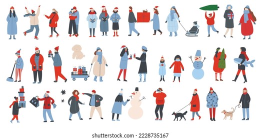 People in winter outwear walking flat vector illustrations set. Tiny people, romantic couples having fun, enjoying festive mood flat characters set. Kids and adults celebrating Christmas outdoors.