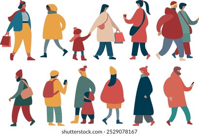 People in winter outwear walking flat vector illustration set. Simple minimalistic style characters bundle. Isolated 