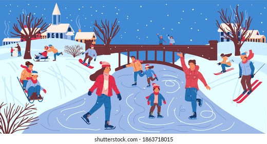 People In Winter Park. Cartoon Men And Women Skating On Ice Of Frozen River. Cute Children Sledding And Making Snowman, Adult Skiing And Snowboarding. City Landscape, Vector Urban Recreation Area