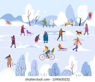  People in the winter park.Snowy  landscape.Vector illustration. 