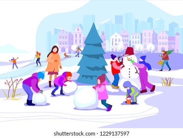 People  winter  in park.Vector illustration.