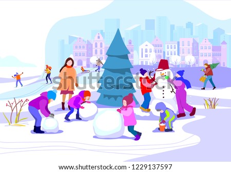 People  winter  in park.Vector illustration.