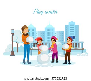 People and winter play concept. Young children in winter clothes, sculpt a snowman in a good mood and with a smile on his face. Vector illustration. Can be used in banner, mobile app.