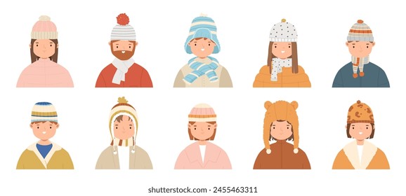 People winter portraits. Cute boys girls wear warm hats and scarves. Person in cold weather in scarf and hat. Stylish snugly vector characters