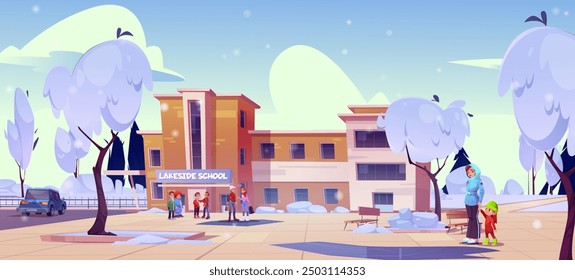 People in winter school yard. Vector cartoon illustration of sad and happy children and mothers standing near education institution building, parked car, snowy benches, trees and bushes on city street
