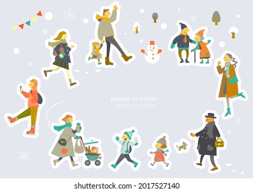 people in winter season, colorful illustrations