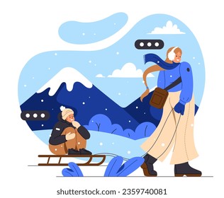 People in winter season concept. Woman with kid at sledge. Young girl in winter clothes with her son. Mother with boy spending time together outdoor. Cartoon flat vector illustration