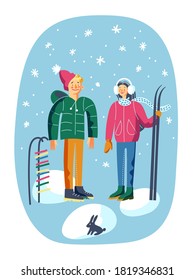 People in winter with ski. Cute doodle of man and woman in city scene. Happy girl and boy standing, sky with snowflakes flying and snow. Leisure in nature vector illustration.