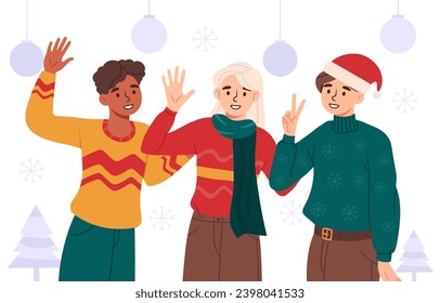 People in winter sweaters set. Men and woman in warm clothes. Christmas and New Year. Noel and Eve holiday and festival. Cartoon flat vector collection isolated on white background