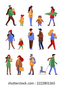 People in winter. Vector set of cartoon people in winter clothes. Men, women and children in outwear walking with gifts, Fir tree. Holidays activities. Characters illustration. Christmas celebration