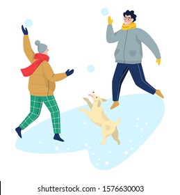 People in winter warm clothes playing snowballs. People having fun outside at winter time. Snowball buttle, Christmas holidays outdoor activities. Vector illustration