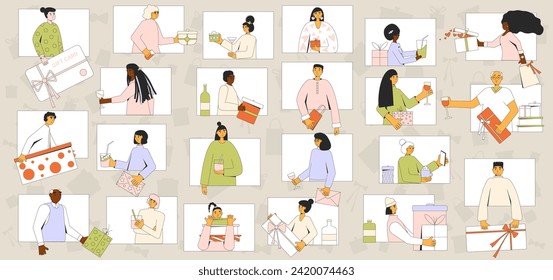 People wish each other happy holidays. Giving and receiving gifts online. Exchange presents in distance. Celebrate a big day together from afar. Virtual important date event. Vector illustration.