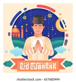 people wishing and greeting eid mubarak with flat background illustration