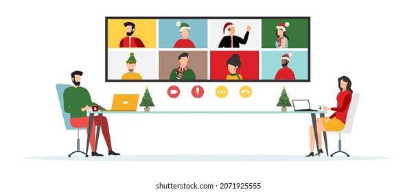 People wishing Merry Christmas and Happy New Year. Celebrating holiday and giving gifts via video call or web conference in 2022. Vector