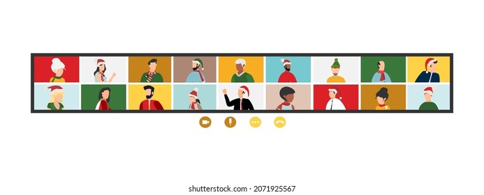 People wishing Merry Christmas and Happy New Year. Celebrating holiday and giving gifts via video call or web conference in 2022. Vector