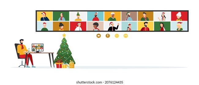 People wishing Merry Christmas and Happy New Year. Celebrating holiday and giving gifts via video call or web conference in 2022. Vector
