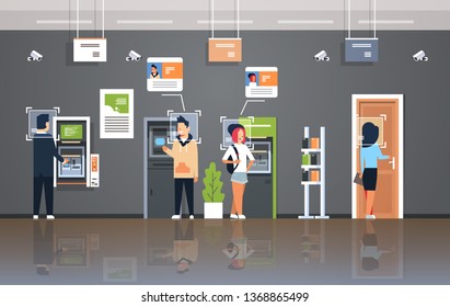people withdrawing money ATM cash machine identification surveillance cctv facial recognition concept modern bank office interior security camera system horizontal