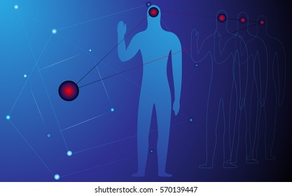  People without faces, silhouettes and contours associated with a line of red dots on a blue background with light lines, dots and geometric shapes.
Leadership concept, dictatorship and unanimity