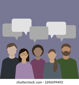 Menschen ohne Gesichter, die in einer Reihe stehen, mit Zeichen von Botschaften und Dialog über ihren Köpfen.
