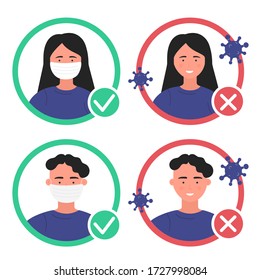 People Without Protection Mask Enter Are Not Allowed. No Entry Sign Stickers Can Be Used In Store, Cafe, Supermarket Or Any Public Space. Man And Woman With Mask And Without Flat Vector Illustration.