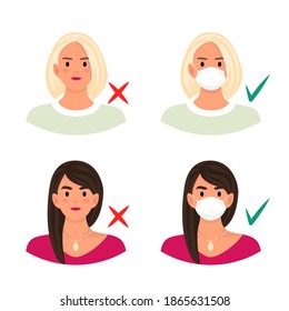 People without protection mask enter are not allowed in public space. Women with mask and without flat vector illustration.