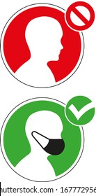 People without surgical face mask or respirator or personal protection not allowed or are forbidden in this area - Set of two vector silhouette warning or restrictive signs - virus or COVID-19 danger