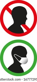 People without surgical face mask or respirator or personal protection not allowed or are forbidden in this area - Set of two vector silhouette warning or restrictive signs - virus or COVID-19 danger