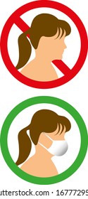 People without surgical face mask or respirator or personal protection not allowed or are forbidden in this area - Set of two vector silhouette warning or restrictive signs - virus or COVID-19 danger