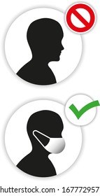 People without surgical face mask or respirator or personal protection not allowed or are forbidden in this area - Set of two vector silhouette warning or restrictive signs - virus or COVID-19 danger
