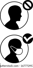 People without surgical face mask or respirator or personal protection not allowed or are forbidden in this area - Set of two vector silhouette warning or restrictive signs - virus or COVID-19 danger
