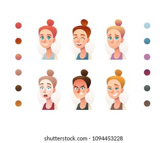 People, and woman face set creator. Flat icon. Person avatar illustrations. Young womangirls . Cartoon style, isolated vector. Different skin and hair colour.