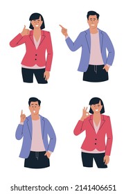 People. Woman and man with different emotions and gestures. Presentation. Set of vector images.