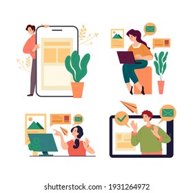 People woman man office workers students characer using digital gadgets laptop phone for working and education. Vector graphic design flat simple modern illustration