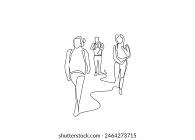 people women nature walking trekking hike full body length lifestyle one line art design vector