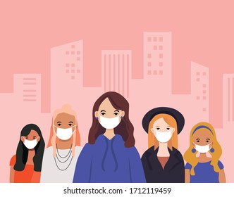 People women wearing protective medical mask among viruses in city at day. Illustration about Coranavirus (Covid-19). Stay save, keep distance.