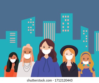 People women wearing protective medical mask among viruses in city at night. Illustration about Coranavirus (Covid-19). Stay safe, keep distance.