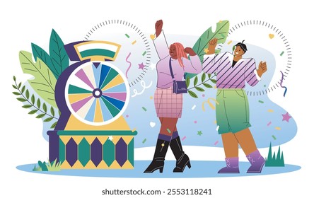 People won lottery. Man and woman celebrate success. Game for fortune and luck. Online gambling poster. Fun and entertainment. Flat vector illustration isolated on white background