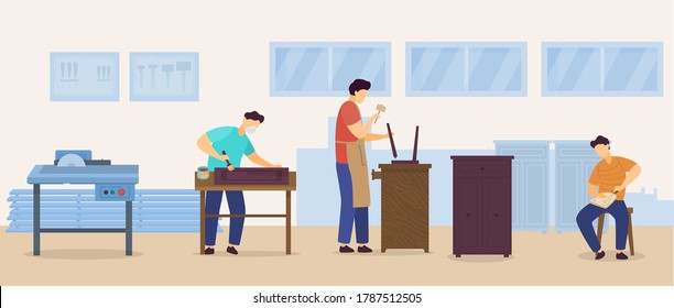 People woodworking vector illustration. Cartoon flat woodworker man character repairing wood home furniture, handyman carpenter working, carving with knife and carpentry equipment tools background