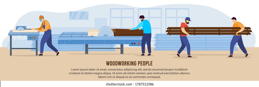 People woodworking vector illustration. Cartoon flat woodworker characters working with circular saw equipment in workshop room interior, carpenter cutting timberwood, woodcutter occupation background