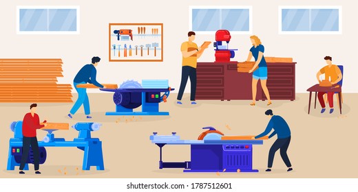 People woodworking vector illustration. Cartoon flat woodworker character group sawing wood planks, working with circular saw equipment tools in workshop room interior, cutting timberwood background svg