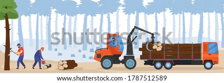 People woodworking vector illustration. Cartoon flat woodworker lumberjack characters working with chainsaw, cutting forest trees for loading in woodcutter truck. Logging forestry industry background